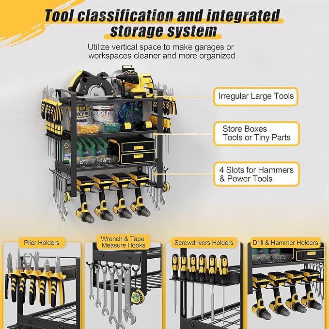 Power Tool Organizer Wall Mount, 4-Tier Tool Storage Rack with 8 Drill Holders, 200LBS Load Heavy Duty Cordless Tool Shelf for Garage Organization, Gift for Men