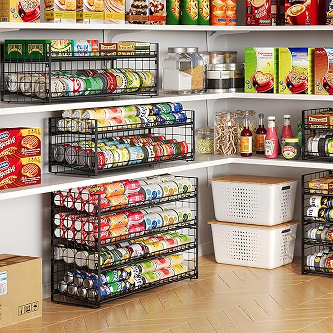 2-Pack Stackable Can Rack Organizer for Pantry, Stable Extra Long Storage for Kitchen Cabinet Cupboard, Rolling Can Holders for Canned Food, Dispenser for Snacks and Canned Soda