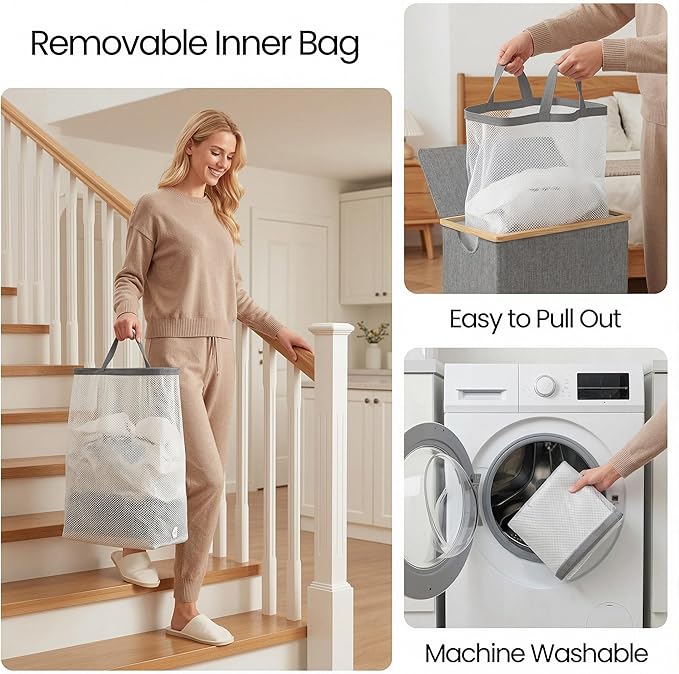 efluky Slim Laundry Basket with Lid, Narrow Laundry Hamper with Removable Bag, Skinny Dirty Clothes Basket with Bamboo Handles for Bathroom, Bedroom & Laundry Room, 65L Grey