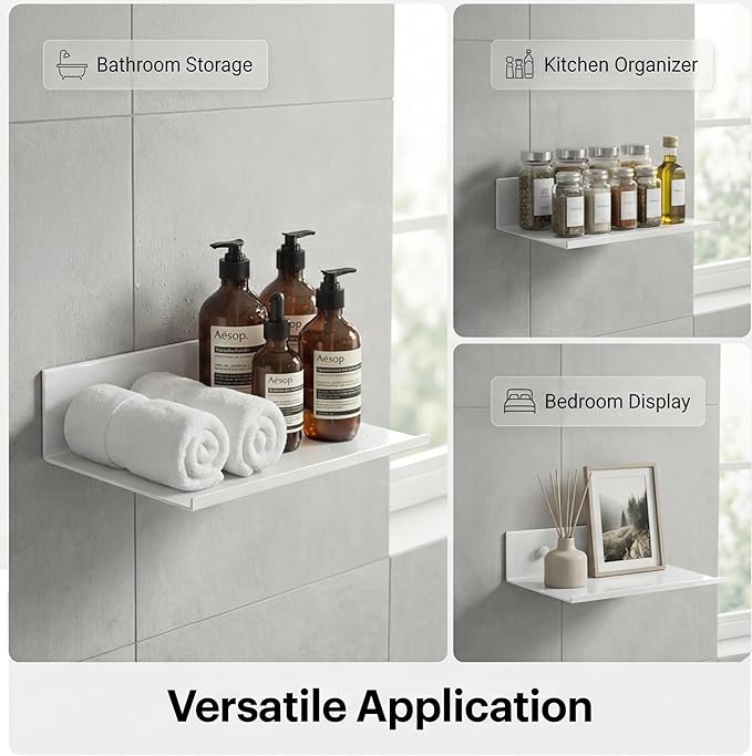 Z metnal Small Wall Shelves, Mini Display Metal Lack Floating Shelf for Collectables Figure, Aluminum, Wall Mounted, Sleek, White,12 x 5 inch, 2 Pack