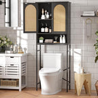 Rattan Toilet Storage Cabinet, Over The Rack Wood Cabinet with Metal Stand, Bathroom Organizer with Adjustable Shelf, Tall Freestanding Washer Shelf, Small Cupboard, Black