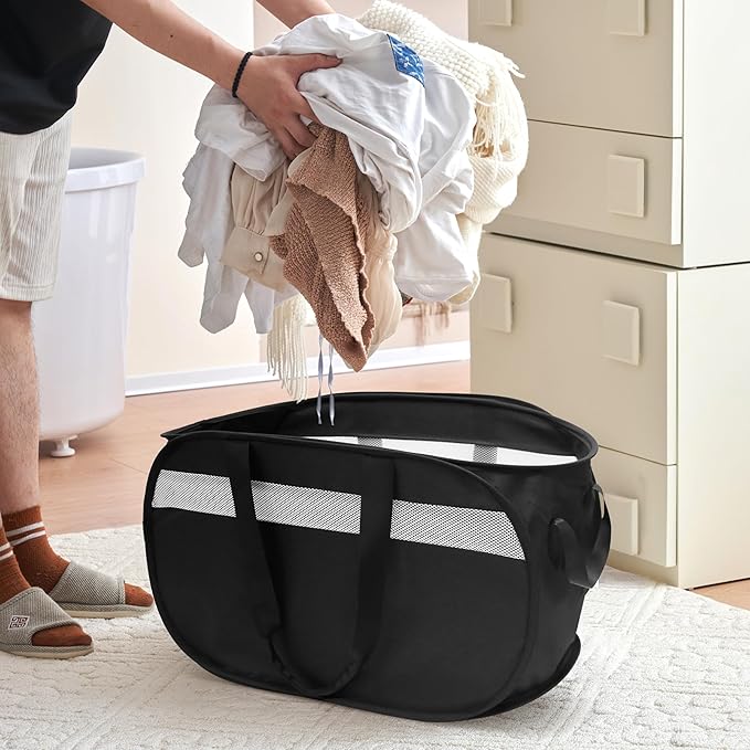 Collapsible Laundry Baskets, Foldable Tear Proof Pop Up Hamper with Reinforced Carry Handles, Durable Laundry Hamper for Home, Laundry, Bathroom, Dorm or Travel (Black, 2 Pack)