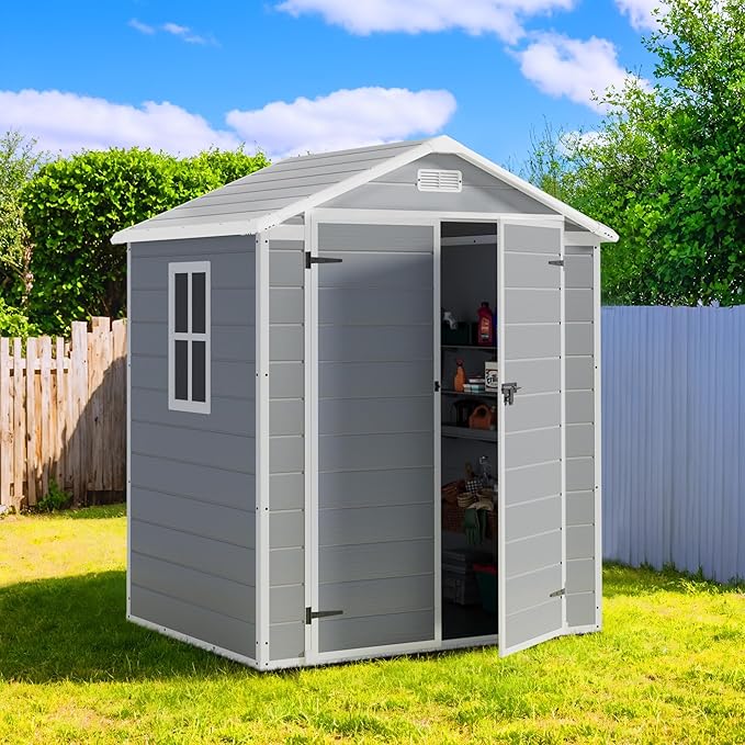 Greesum 6x4FT Plastic Outdoor Storage Shed, Resin Shed with Floor and Window, Tool Sheds with Lockable Door and Vent, for Garden, Garage, Lawn, Light Gray