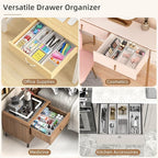 Desk Drawer Organizer Tray 4 PCS Plastic Office Drawer Organizer Bins Junk Organizer Divider with Non-Slip Silicone Pads, Makeup Vanity Organizer for Drawer, White