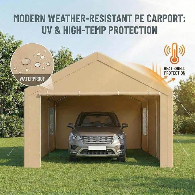 COBIZI 10x20 FT Heavy Duty Carport with Galvanized Frame, Carport Canopy with Roll-up Windows, Storage Tent with Removable Sidewalls & Doors, Built-in Sandbags for Car Boat Truck, Khaki
