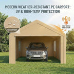 COBIZI 10x20 FT Heavy Duty Carport with Galvanized Frame, Carport Canopy with Roll-up Windows, Storage Tent with Removable Sidewalls & Doors, Built-in Sandbags for Car Boat Truck, Khaki