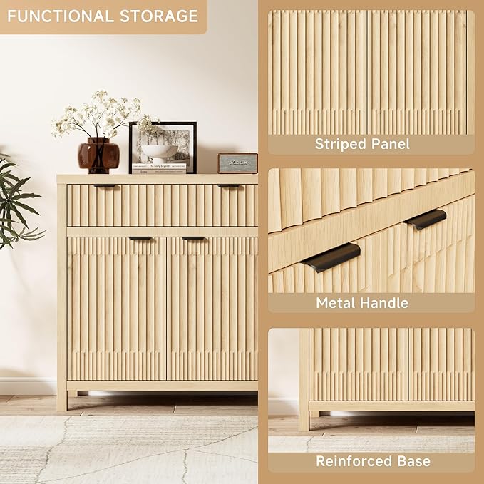 FLOWBACK 64'' Fluted Buffet Cabinet with Storage，Large 62''W Sideboard Cabinet Modern Credenza with Fluted Doors & Shelves Farmhouse Coffee Bar Media Console Accent Cabinets for Living Room, Entryway
