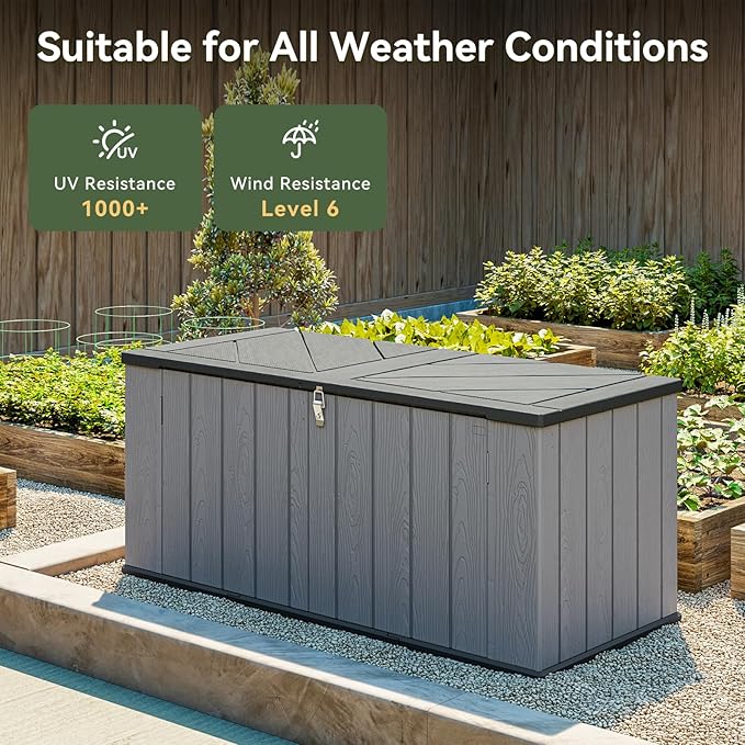 AOXUN Horizontal Storage Sheds 21 Cu.ft, HDPE Outdoor Storage Box 160 Gallon, Waterproof Lockable Resin Deck Box with Spring-Assisted Lid, Patio Storage for Garden, Pool, Cushions, Tools, Grey