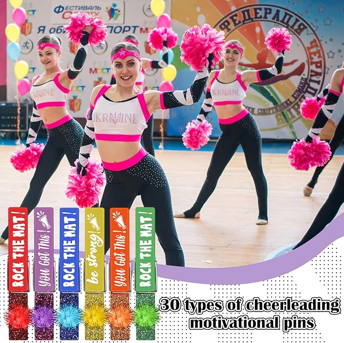 Kigeli 30 Pcs Spirit Clips Cheer Pins Cheerleader Gifts Clothes Pins for Backpacks Competition Glittered for Team Cheer Gifts Stuff Supplies Party Favors Accessories Bulk(Multicolor,Color Balls)