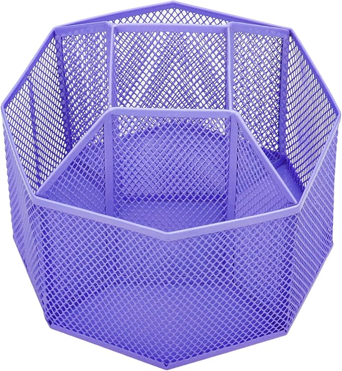 Annova Mesh Desk Organizer Rotate with 5 Compartments Spinning Tidy Candy/Pen Holder Office, Art Supply, Storage, Classroom, Home (Purple)