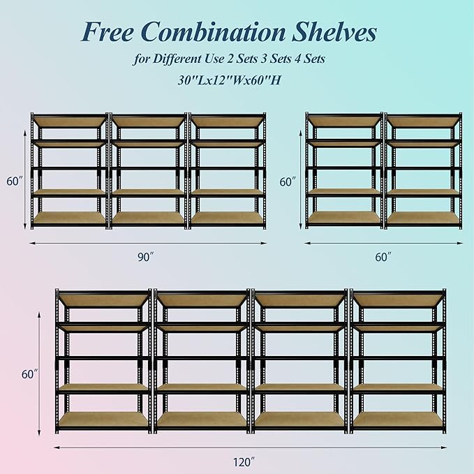Heavy Duty Garage Storage Shelves 2 Pack, 2000 Lbs Capacity, 5-Tier Adjustable Storage Shelving Unit, 30"L x 12" W x 60"H Metal Shelving Racks for Kitchen Pantry Basement Bathroom Laundry