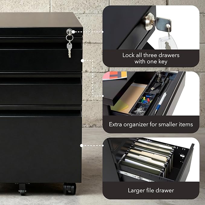 Mount-It! 3 Drawer File Cabinet with Lock and Wheels, Heavy-Duty Steel Rolling Drawer Cabinet, Fully Assembled Under Desk Filing Cabinet for Home Office Storage, 15.3" W x 19.75" D x 24.5" H, Black