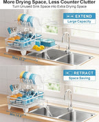 GSlife Large 2 Tier Dish Drying Rack, Expandable Heavy-Duty Dish Rack for Kitchen Counter, Rust-Resistant Dish Drainer with Utensil & Cup Holder, Auto-Drain, 16.9" W x 14.4"-22.4" L, White