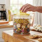 Silver Buffalo Peanuts Squad Featuring Charlie Brown, Snoopy, Schroeder, Lucy, Linus, Sally, Pigpen, Woodstock, and Franklin Glass Cookie Snack Candy Jar with Lid (Small)