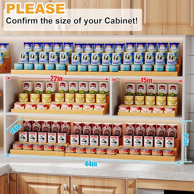 Extra-Long Expandable Bamboo Can Rack for Pantry – 3-Tier Adjustable Pantry Can Organizer, Large Capacity Holds up to 45 Cans, Pantry Shelf & Countertop Storage (Patent Pending)