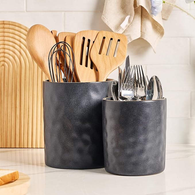 famiware Ocean Utensil Holder, 7.2"+5.8" Ceramic Kitchen Utensil Holder for Countertop, 2 Pieces Cooking Utensil Crocks, Utensil Organizer for Spatula & Spoon, Kitchen, Set of 2, Matte Dark Charcoal