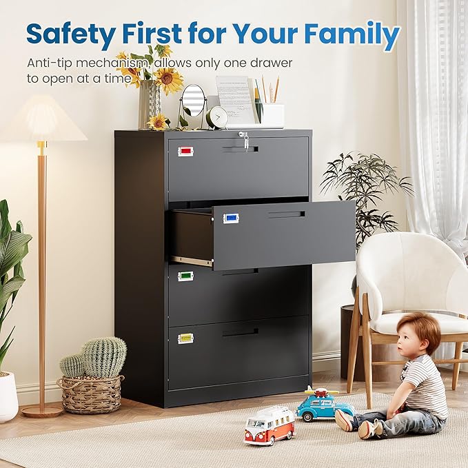 4 Drawer File Cabinet, Lateral Filing Cabinets for Home Office, Office Storage Drawers with Lock, Hanging Files Legal/Letter A4 Size (Assemble Required,Black)