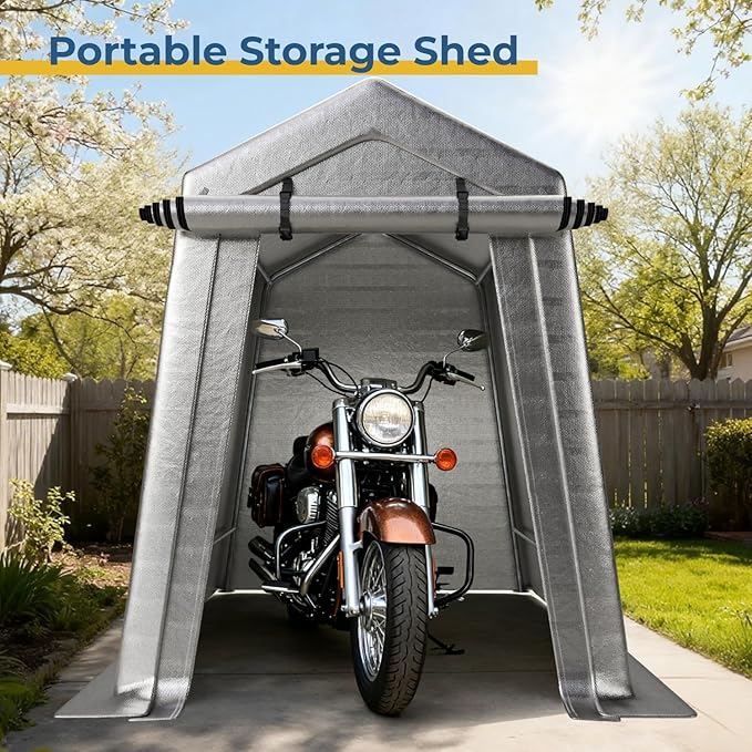 6 x 8 FT Carport, Portable Shed w/220G Heavy Duty Waterproof PE Tarp, Roll-up Zipper Door & Vent, Weather-Resistant Storage Shed for Motorcycle, Bike and Tools, Gray