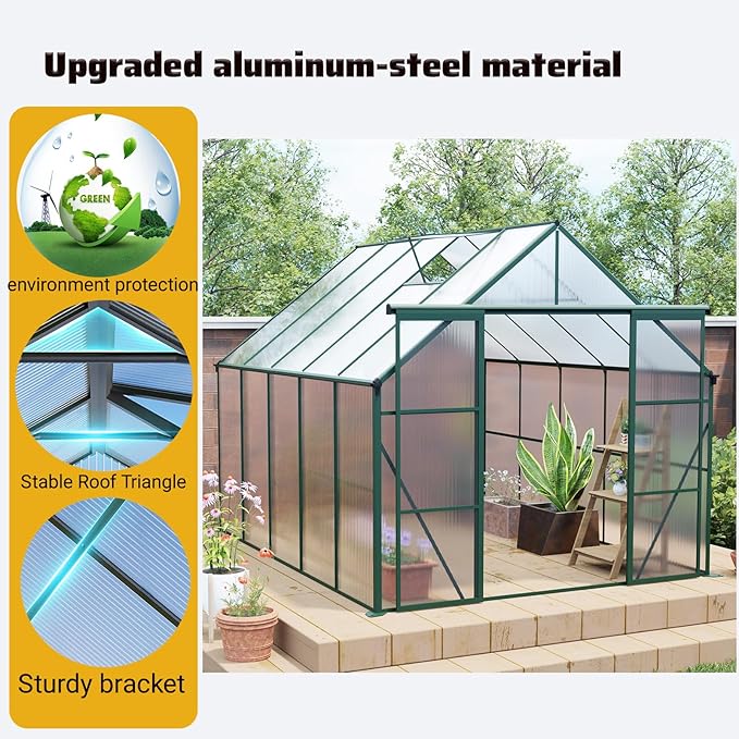 8X10 FT Outdoor Greenhouse, Greenhouse Polycarbonate with Roof Vent, Sliding Lockable Door, Aluminum Walk-in Greenhouses for Outdoor Garden Backyard, Terrace, Lawn，Green