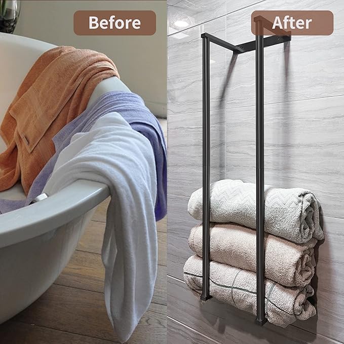 Towel for Racks Bathrooms, Wall Mounted Towel Rack for Storing Towels, Robes, Towel Holders with Hooks, Bathroom Towel Storage, Black
