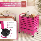 GOFLAME 12-Drawer Rolling Storage Cart, Multipurpose Organizer Cart with 2 Sizes Plastic Drawers, Mobile Utility Cart with Lockable Casters for School, Home Office, Beauty Salon, Hot Pink