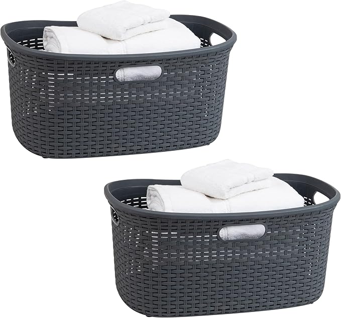 Mind Reader 40L Laundry Basket, Clothes Hamper, Wicker Design, Plastic, 23"L x 14.5"W x 11"H, Set of 2, Gray