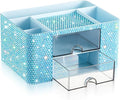 Blue Bling Desk Organizer with 2 Drawer, Sparkly Makeup Organizer for Vanity, Girly Desk Accessories, Rhinestone Pen Holder, Elevate Your Workspace with Blue Serenity (Diamond)