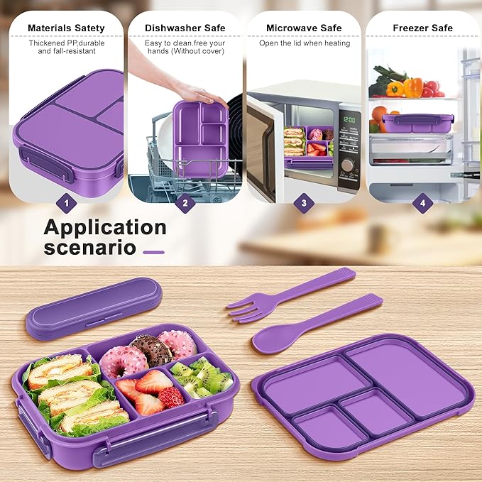 Lunch Box Kids,Bento Box Adult,Leakproof Lunch Containers for Adults/Kids/Toddler,1200ML-4 Compartments bento Lunch box with Utensil,Microwave & Dishwasher & Freezer Safe (Purple)