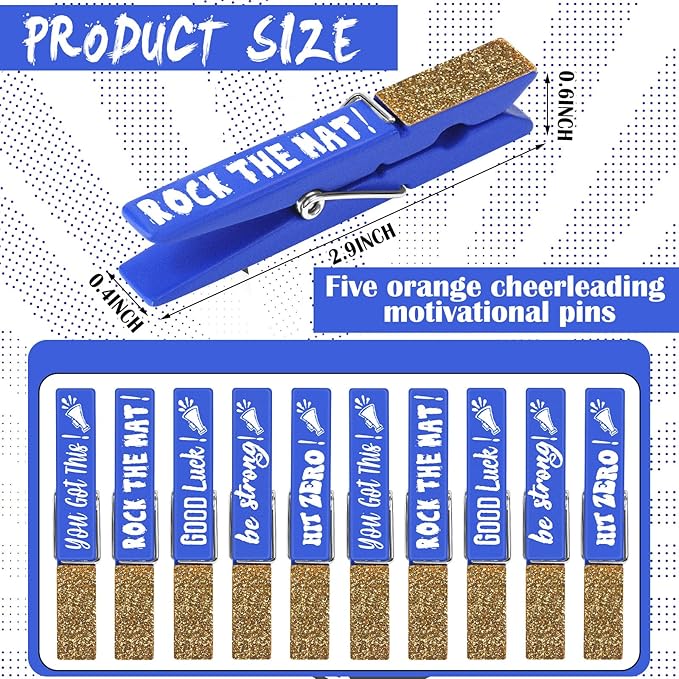 Kigeli 30 Pcs Spirit Clips Cheer Pins Cheerleader Gifts Clothes Pins for Backpacks Competition Glittered for Team Cheer Gifts Stuff Supplies Party Favors Accessories Bulk(Blue, Gold,Glitter)