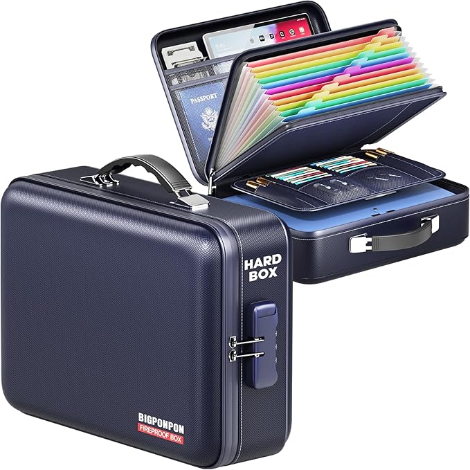Fireproof Document Box, Hard Case Highly Flame-Resistant Fire Proof Waterproof File Organizer with Lock, Portable Fire Safe for Important Documents & Valuables Storage (Blue, ‎14"*11"*5")