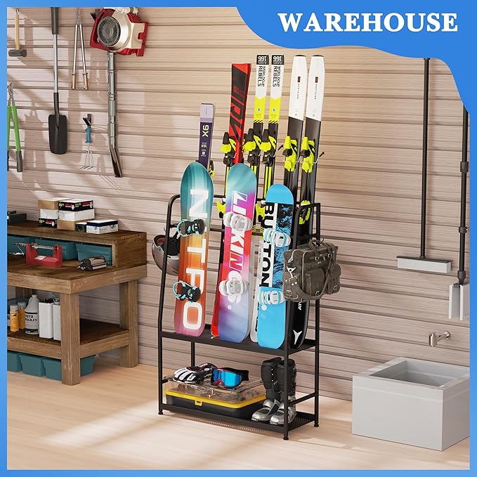 Ski Rack for Garage,Freestanding Snowboard Rack for Ski,Snowboard, Ski Boot,Poles, Goggles, Helmet and More, Heavy Duty Steel Floor Stand Ski Organizer for Garage Basement