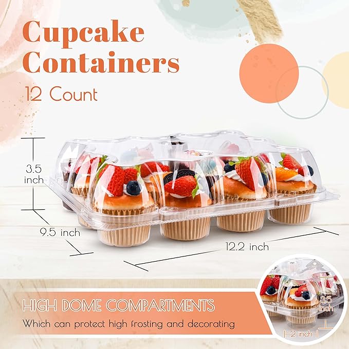 12 Count Cupcake Containers 6 Pack Cupcake Holders Plastic Clear Reusable Cupcake Containers with Detachable Tall Dome Lids Stackable Cupcake Boxes for 72 Cupcakes, BPA Free, Standard Size