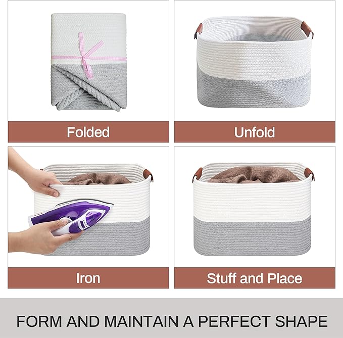 Small Cotton Rope Storage Basket with Leather Handles, 15 "L x 11.5" W x 7.5 "H, Home Decor Basket, Durable & Stylish Organizer for Home.(Small Gray)