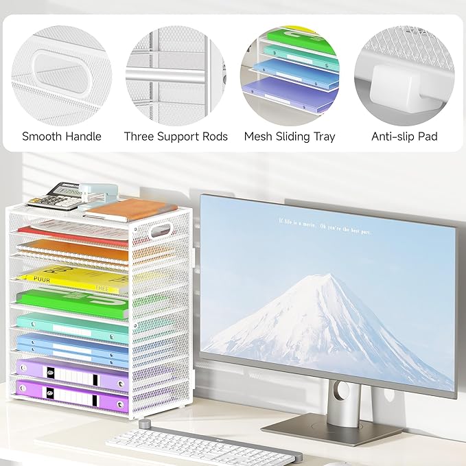 9 Tier Paper Organizer with Handle, White Large Capacity Desk Organizer Mesh File Folder Letter Paper Tray Desktop Document Sorter for Classroom, School, and Office Accessories Organization