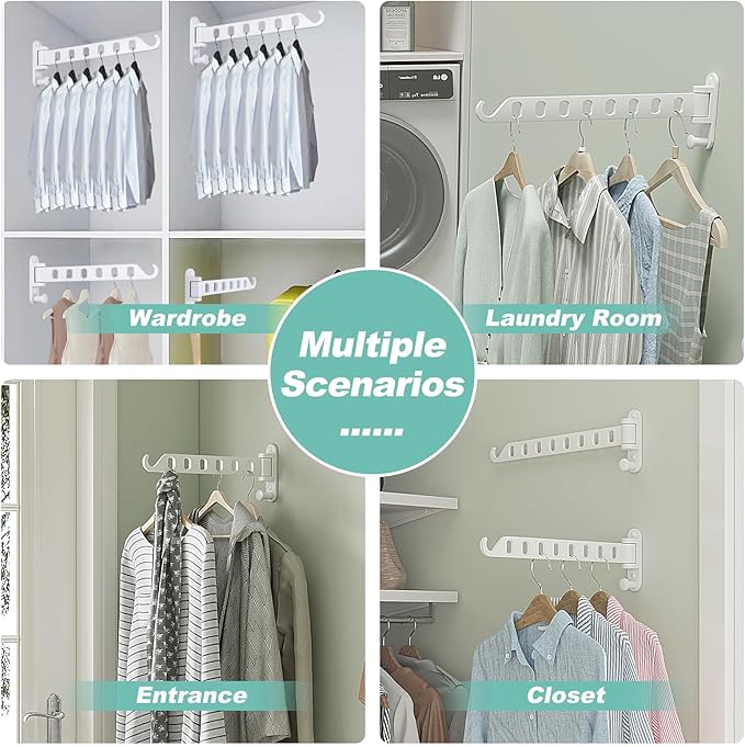 Wall Mounted Clothes Hanger with Swing Arm - 8-Hole Laundry Room Drying Rack | 180° Rotation & Space Saving for Hanging Clothes | Swing Away Coat Hanger | Aluminium(2-Pack, White)