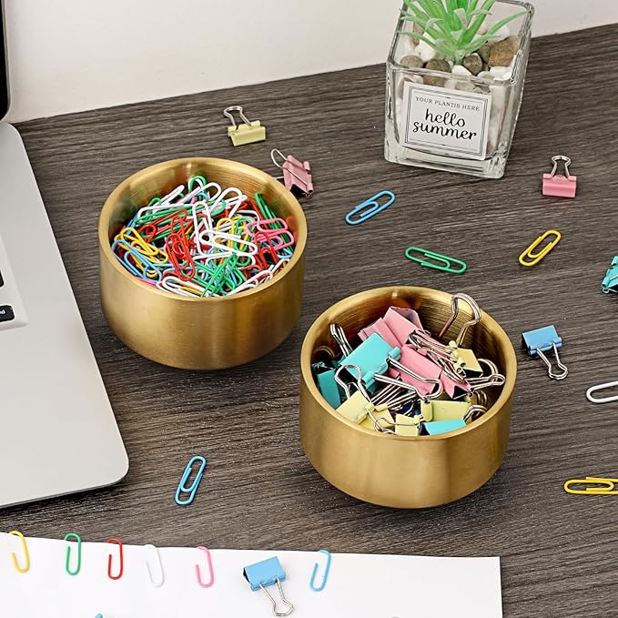 BTSKY 2 Pack Golden Paper Clip Holder, Stackable Paperclip Box Metal Storage Bowl for Office Supply Accessories, Round Small Storage Holder Cute Jewelry Organizer for Office Bathroom Vanity