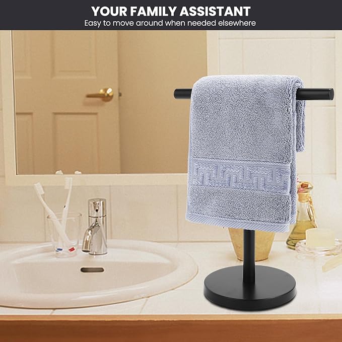 T-Shape Bath Hand Towel Holder Stand, Stainless Steel Free Standing Hand Towel Rack, for Bathroom Kitchen & Countertop, Matte Black, 2 Pack