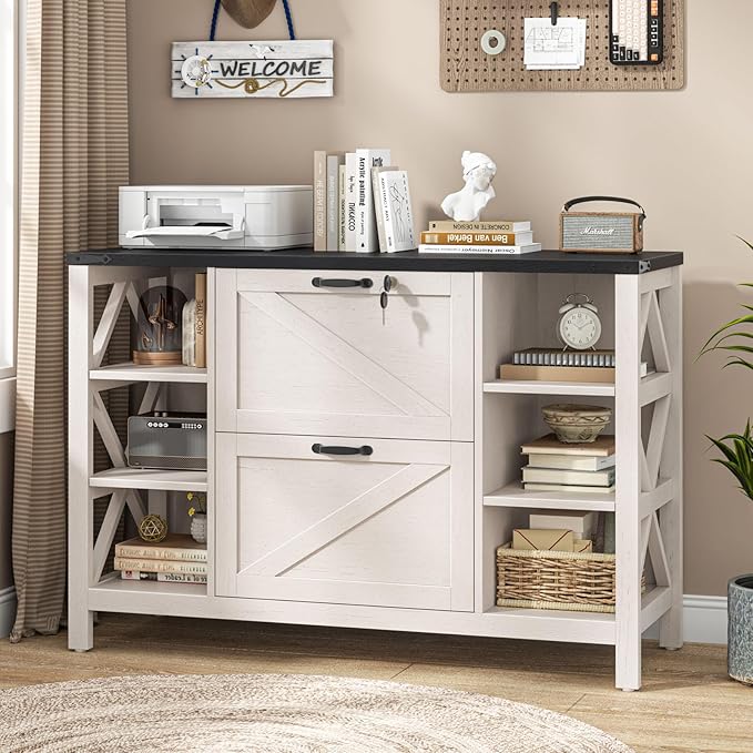44" Lateral File Cabinet with Adjustable Shelves, Farmhouse 2 Drawer Filing Cabinet with Lock for Legal/A4/Letter, Wooden Printer Stand Office Furniture for Home Office, White and Black