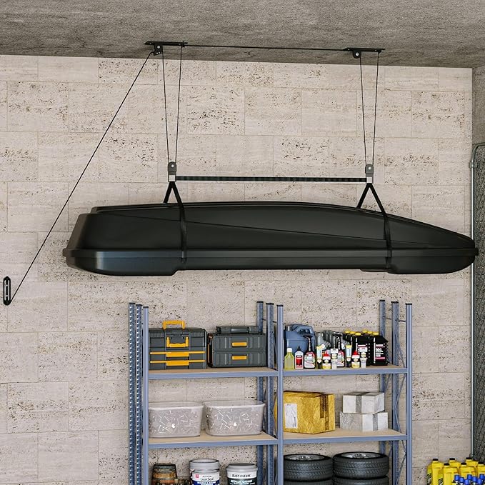 PrecisionAuto Cargo Box Garage Pulley System, Professional Heavy-Duty Ceiling Hoist for Rooftop Cargo Boxes & Large Storage Bins, 150 Lb Rated Capacity, Fits 8–10 ft Garage Ceilings