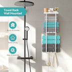 Towel Racks for Bathroom, 3 Tier Metal Towel Holder, with Shelf & 6 Hooks, 29 inch Wall Mounted Towel Storage, 6 Large Bath Towels Capacity,Small Bathroom Towel Rack for Rolled Towels, White
