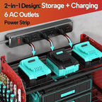 3 Layer Heavy Duty Power Tool Organizer Wall Mount with Charging Station, Adjustable Metal Storage Rack, 6 Outlets Power Strip, Drill Holders, Hooks & Drill Bit Rack for Garage, Workshop, Red
