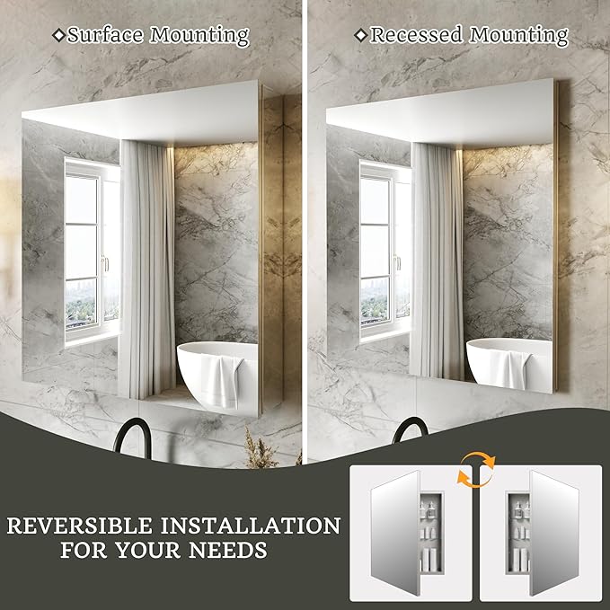24x26 Bathroom Medicine Cabinet with Mirror,Aluminum Alloy Frame with Mirror Side Panels,Surface or Recessed Medicine Cabinet,Assembly Required,Adjustable Shelves