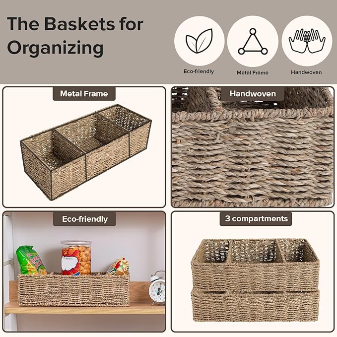 Wicker Toilet Basket Tank Topper Wicker Small Baskets, Wicker Storage Basket Toilet Paper Basket for Toilet Tank Top Seagrass Storage Basket, Bathroom Basket for Shelves with 3-Section, 2 Pack