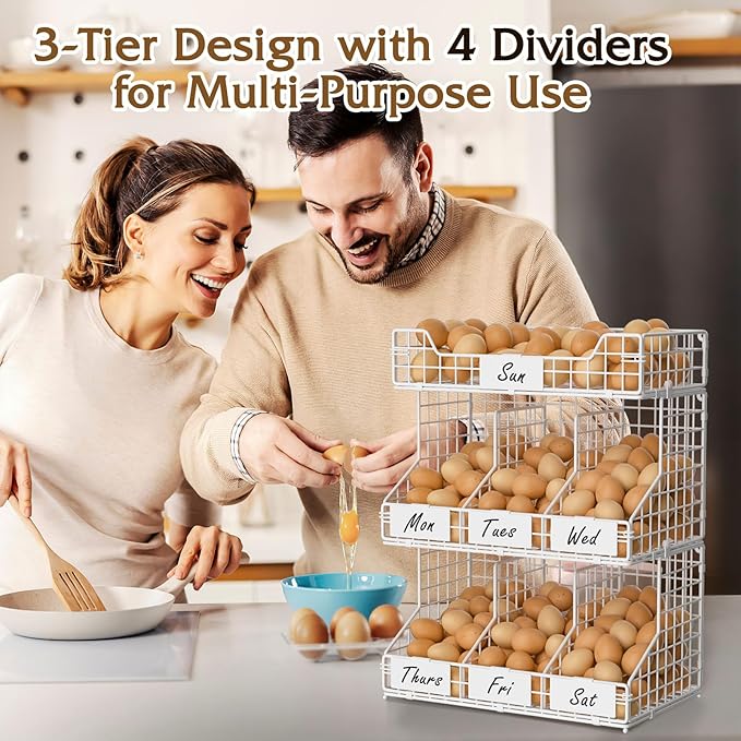 X-cosrack Egg Holder Countertop, 3 Tier Egg Rack with Labels Dividers to Separate Eggs, Stackable Wire Baskets for Fresh Egg, XXL Egg Dispenser for Countertop/Wall-Mounted, White (Patent Pending)