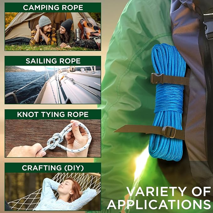 TECEUM Rope – 90 Feet x 3/8 Inch (10mm) – Sky Blue – Strong All-Purpose Utility Rope – Camping, Crafting, Flag Pole, Indoor & Outdoor – Polypropylene Nylon Poly Lightweight Diamond Braided Cord