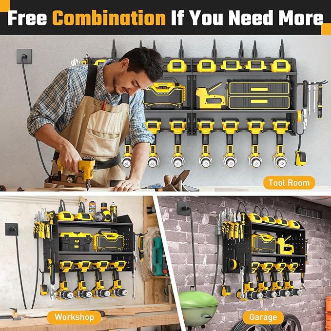 Power Tool Organizer Wall Mount, 3 Layer Charging Station with 6 Outlets, 4 Drill Holders and Drill Bit Rack, Tool Holder Storage Shelf Rack for Garage, Workbench and Workshop, Black