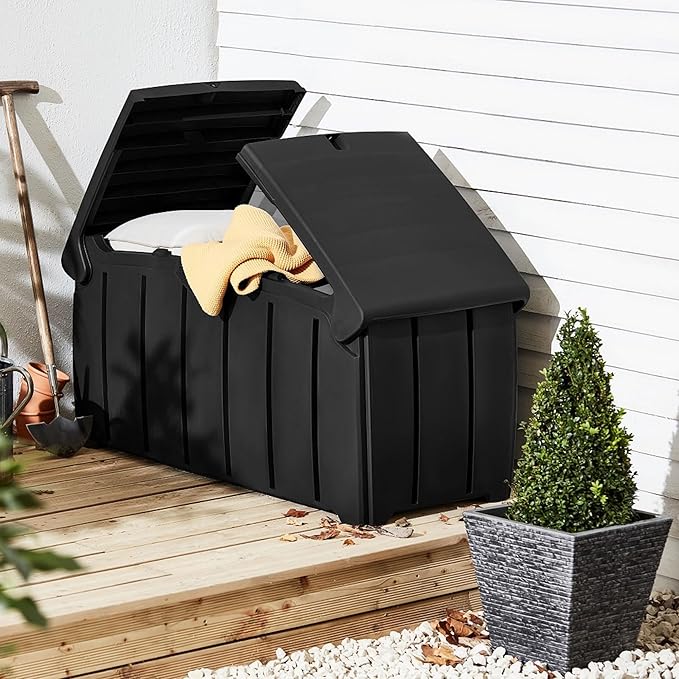 Ward Strata Products 85 Gallon (321L) Outdoor Storage Organization Bin, Patio Deck Box with Dual Door Lid for Garden, Pool, & Furniture Accessories, Black