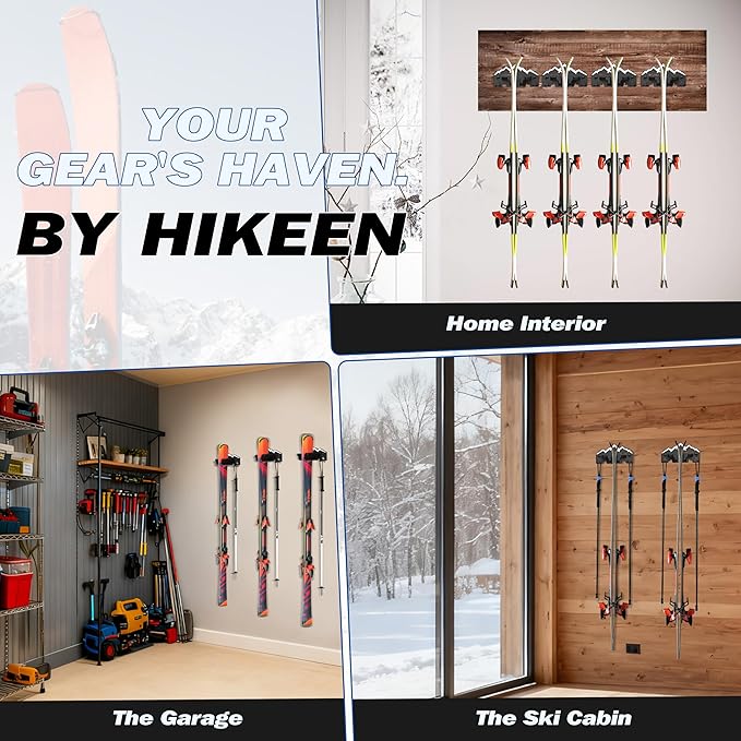 Hikeen Ski Wall Rack for Garage - Ski Wall Mount Storage Rack Fits Any Ski,Garage Organization & Space-Saving Winter Gear - Durable Ski Rack for Wall Display 2Pack