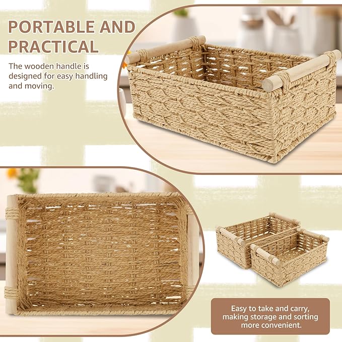 4PCS Toilet Paper Basket Decorative Woven Basket with Wood Handle Multipurpose Toilet Paper Bin for Home Bathroom Living Room Office