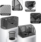 17 in 1 Black Desk Organizers and Accessories Set, 3 Office Desk Supplies Storage Organization, 4 Pens, Stapler, Staples & Remover, Tape & Dispenser, Scissors, Ruler, Clips, Hole Punch, Back to School